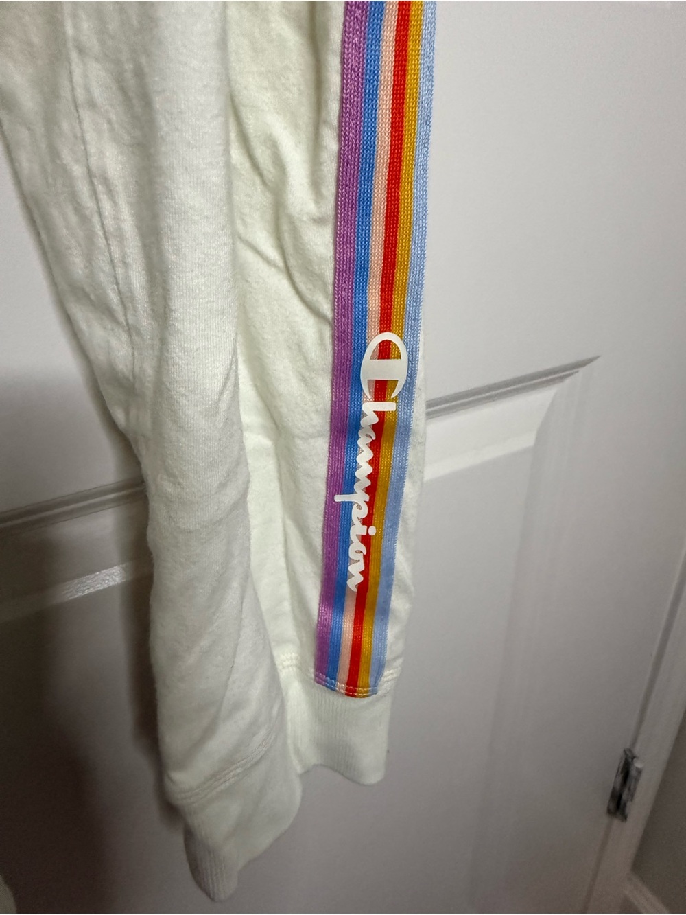 Champion Cream Sweatpants with Purple and Orange Rainbow Side Stripes - Picture 3 of 7
